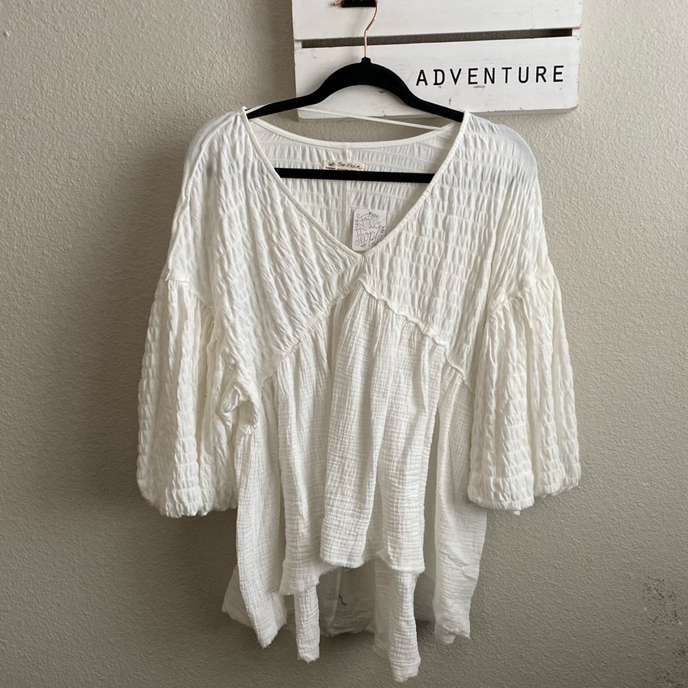 Free people white balloon sleeve peasant top tunic blouse